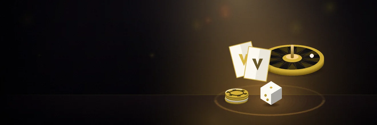 แบนเนอร์หมวดคาสิโนของ IVIP9 แสดงไพ่ ชิปสีดำขอบทอง และลูกเต๋าวางบนโต๊ะแล็กเกอร์สีดำใต้แสงทอง